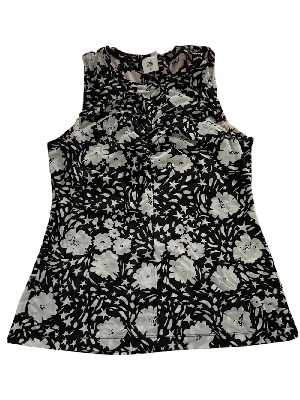 CAbi Black & White Floral Gathered Neck Sleeveless Top
